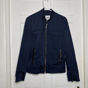 Zara Women’s Navy Blue Bomber Jacket Size Small Zip Up Moto Style Faux Leather
